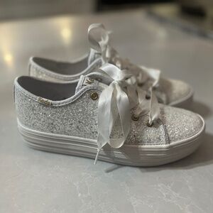 KIDS platform sparkly keds lace up sneaker  3 silver wedding flower girl bride